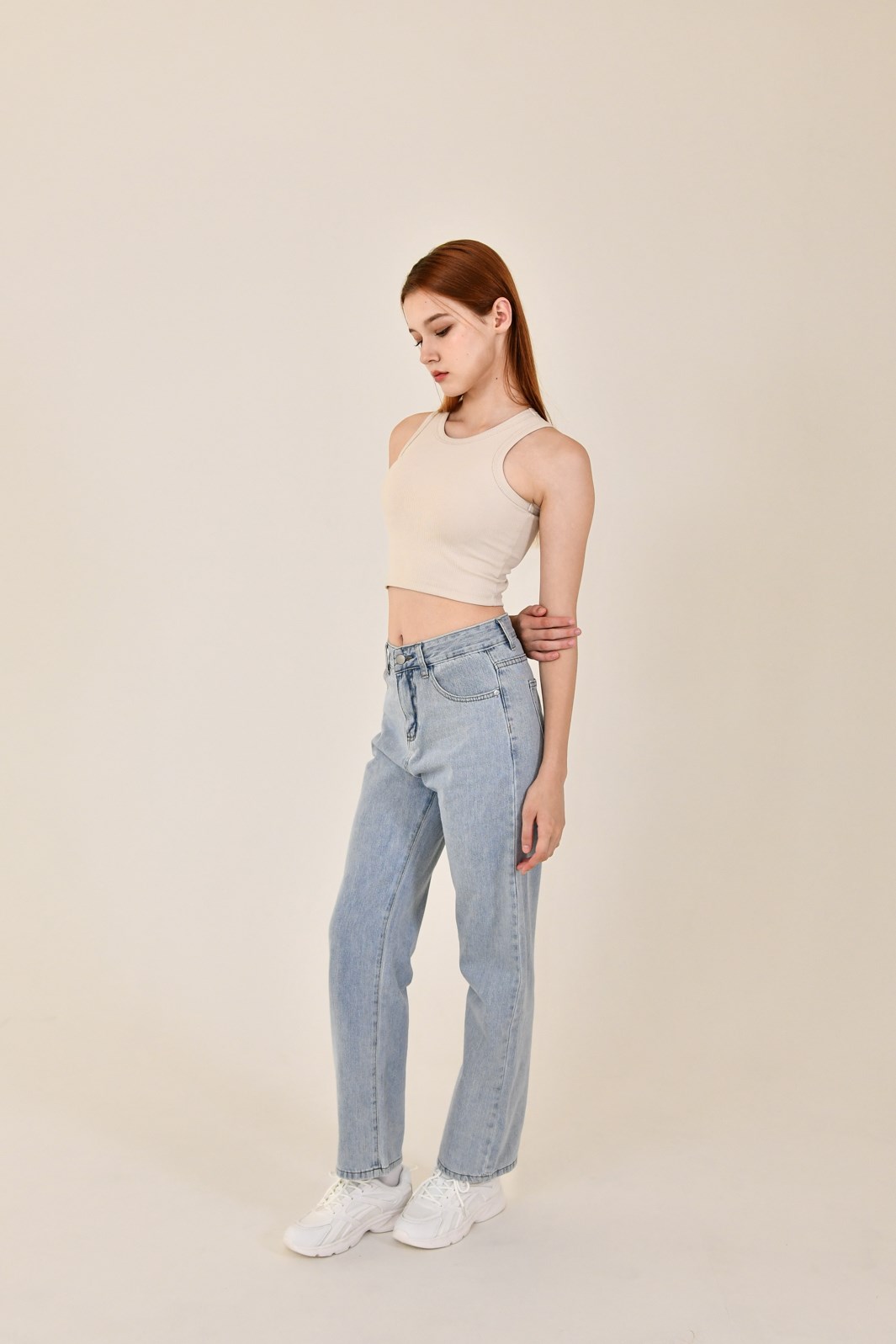 削肩螺紋Bra top  (米白)