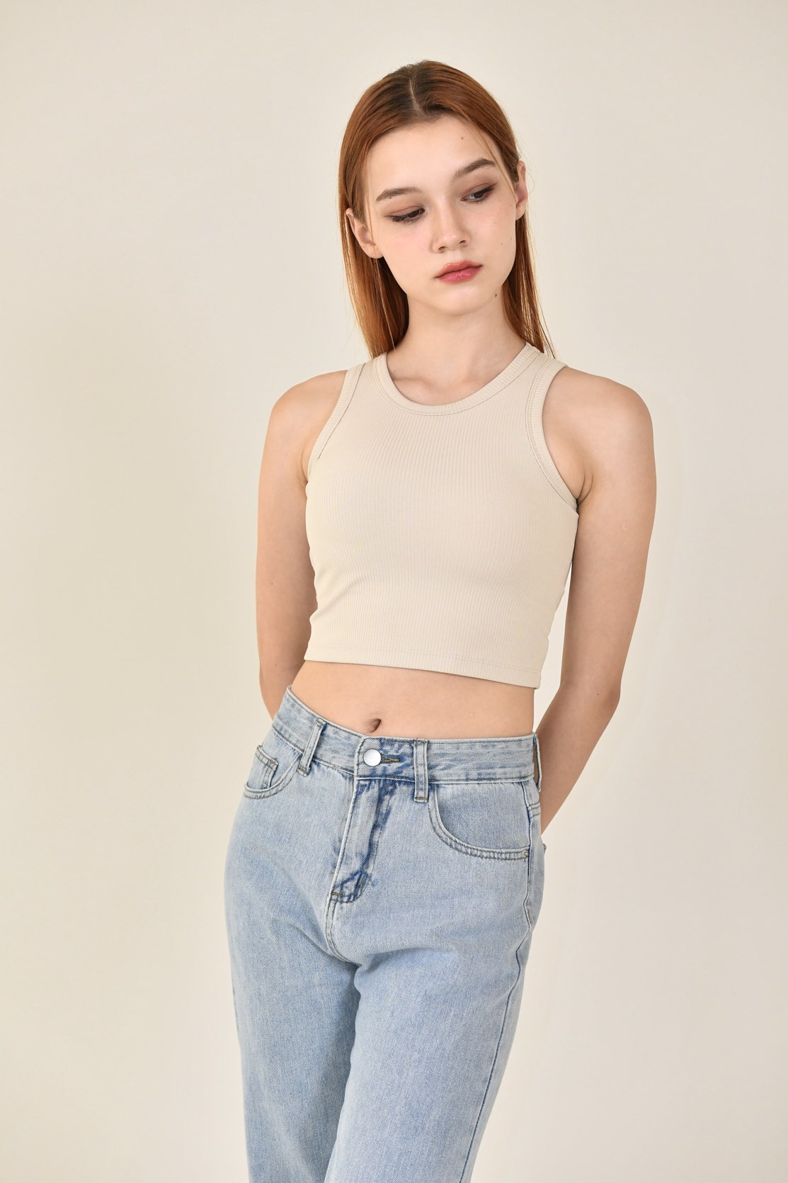 削肩螺紋Bra top  (米白)