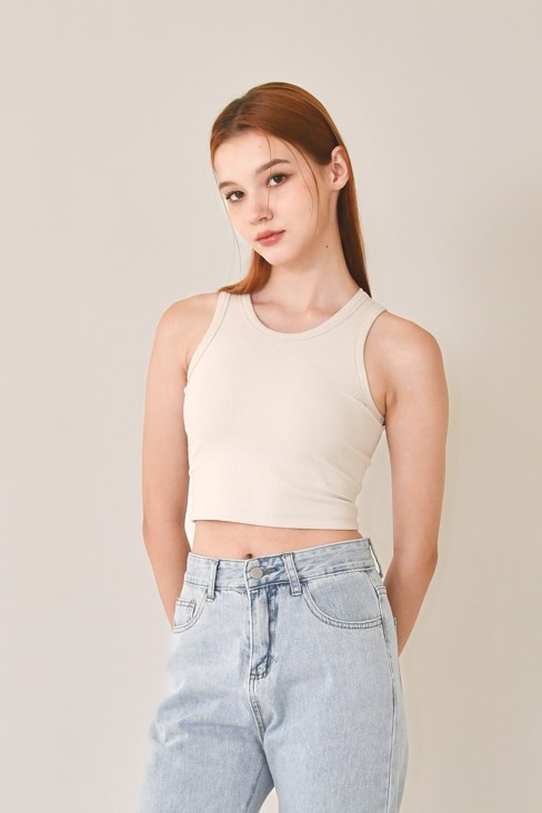 削肩螺紋Bra top  (米白)
