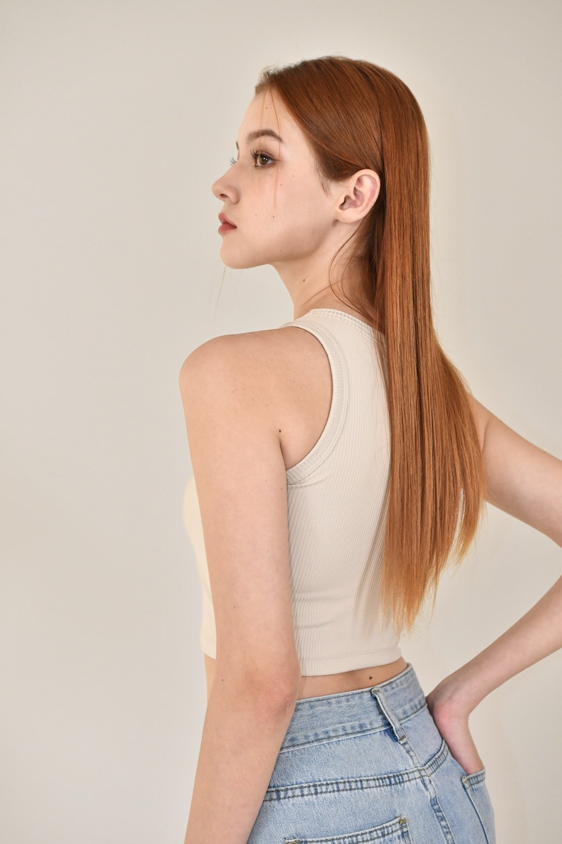 削肩螺紋Bra top  (米白)