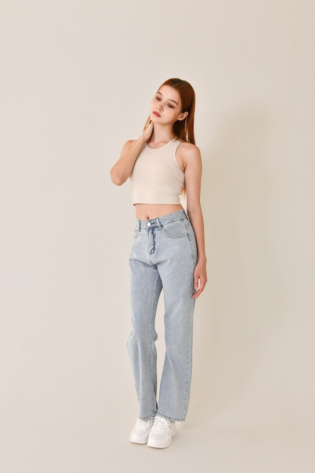 削肩螺紋Bra top  (米白)