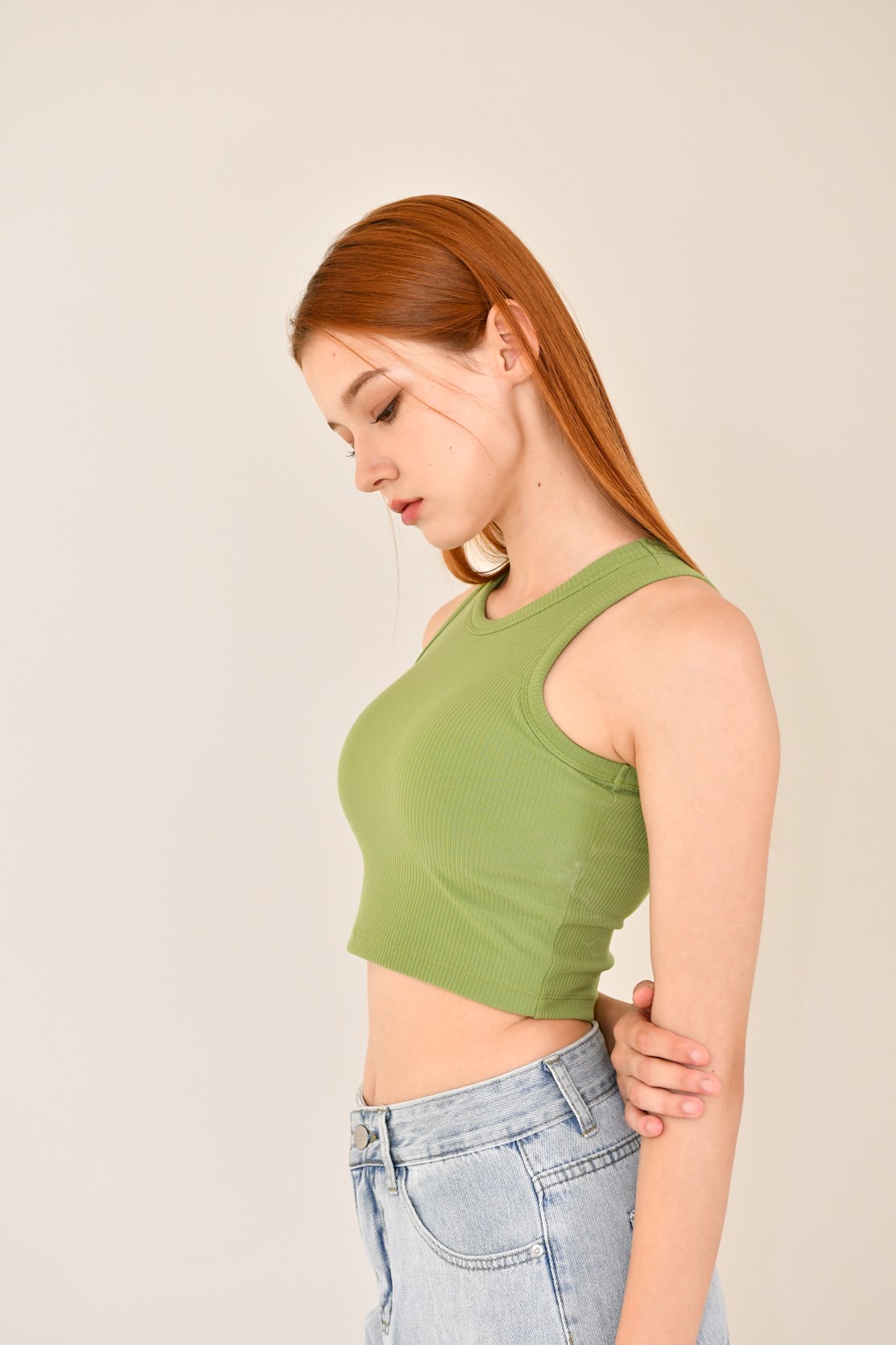 削肩螺紋Bra top (抹茶綠)