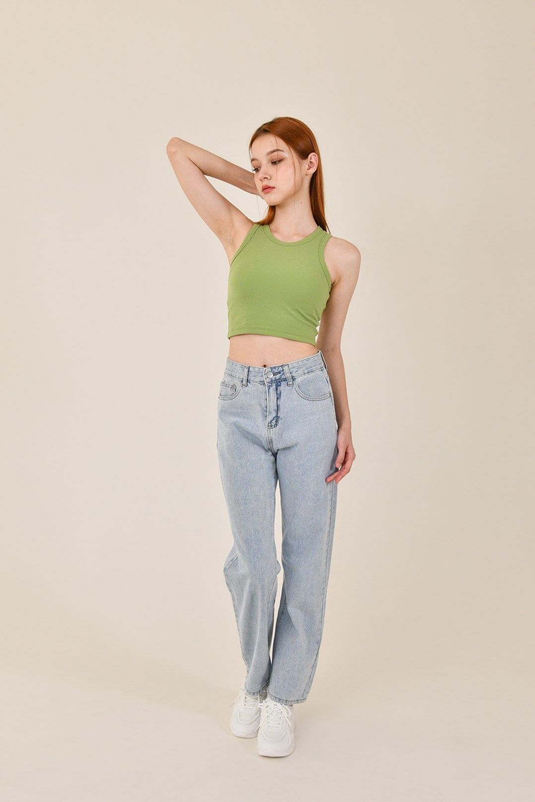 削肩螺紋Bra top (抹茶綠)