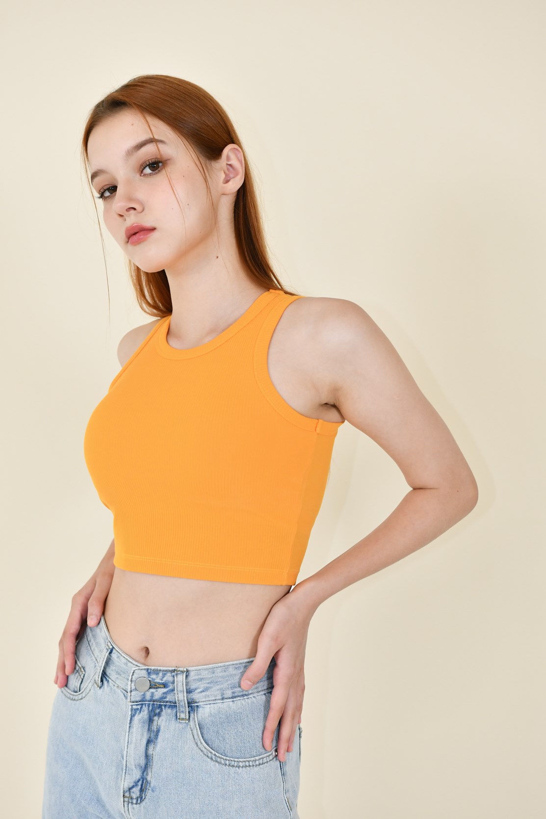 削肩螺紋Bra top (桔黃)